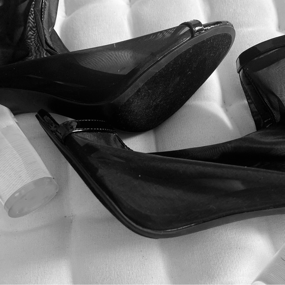 Black Mesh Peep Toe lucite heels. - Picture 7 of 9